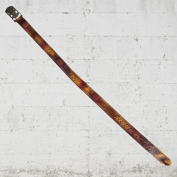 Vintage Jerusalem Pilgrim Tab Brown Embossed Leather Carved Brass Buckle Belt - Picture 4 of 5